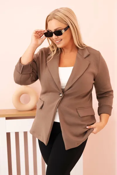 Legínovo Béžové dámske sako z viskózy Plus Size s dlhým rukávom a golierom Farba: Slivková, Veľkosť: UNI