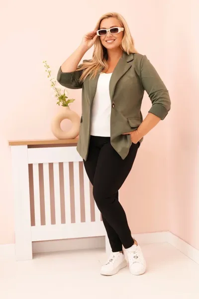 Legínovo Béžové dámske sako z viskózy Plus Size s dlhým rukávom a golierom Farba: Slivková, Veľkosť: UNI