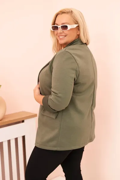 Legínovo Béžové dámske sako z viskózy Plus Size s dlhým rukávom a golierom Farba: Slivková, Veľkosť: UNI