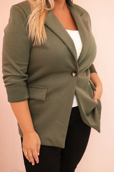 Legínovo Béžové dámske sako z viskózy Plus Size s dlhým rukávom a golierom Farba: Slivková, Veľkosť: UNI