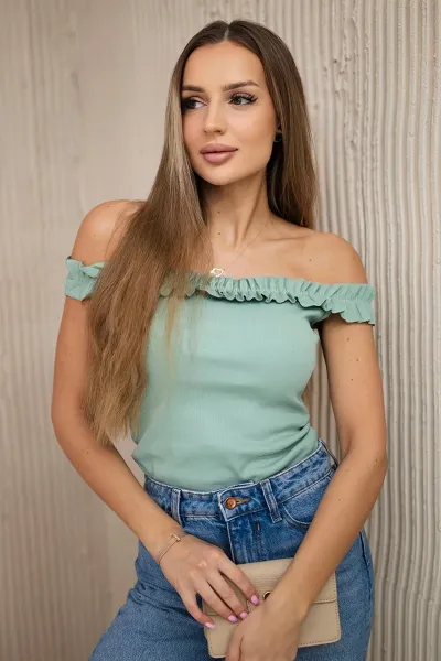 Legínovo Béžová blúzka španielskeho strihu s volánmi Farba: Modrá, Veľkosť: UNI