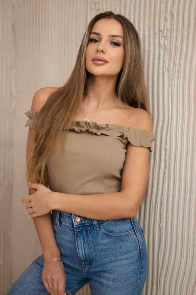 Legínovo Béžová blúzka španielskeho strihu s volánmi Farba: Modrá, Veľkosť: UNI