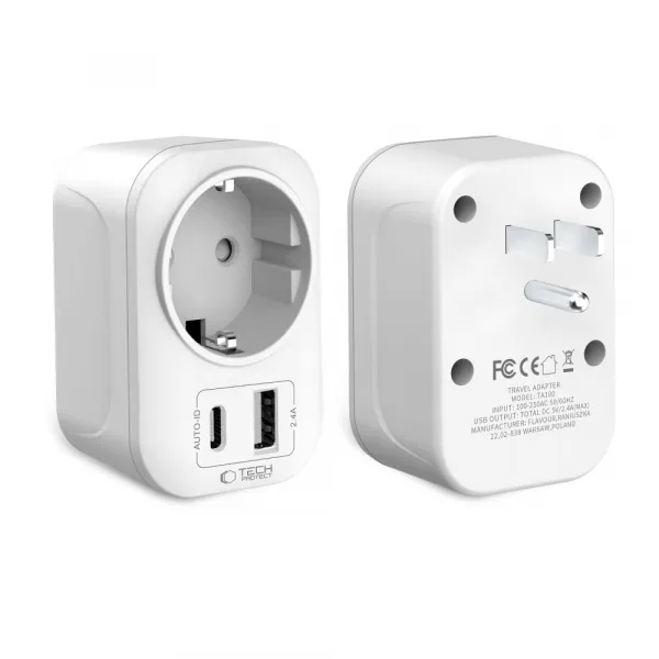 Tech-Protect TA100 cestovný adaptér US / EU, biely