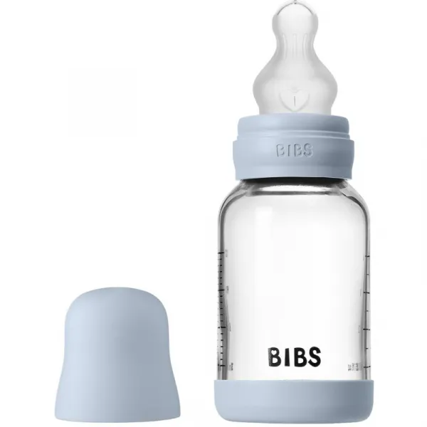 Dojčenská fľaša BIBS – sklenená, silikónový cumlík, Baby Blue, 120 ml