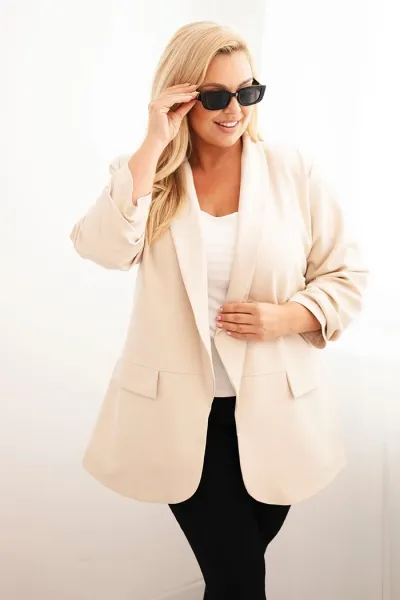 Legínovo Elegantné béžové dámske sako Plus Size Farba: Khaki, Veľkosť: UNI
