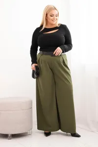 Legínovo Dámske nohavice Plus Size so širokými nohavicami a khaki opaskom Farba: Khaki, Veľkosť: UNI