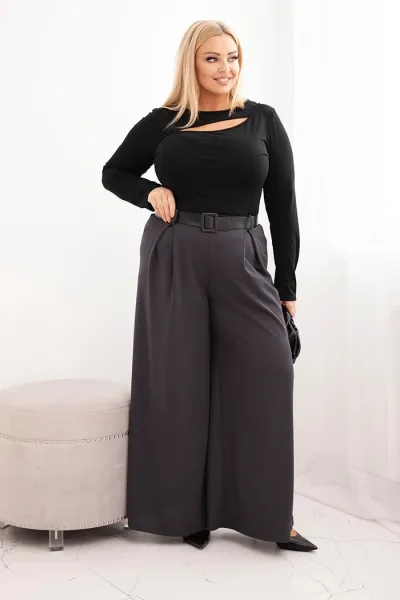Legínovo Dámske nohavice Plus Size so širokými nohavicami a khaki opaskom Farba: Khaki, Veľkosť: UNI