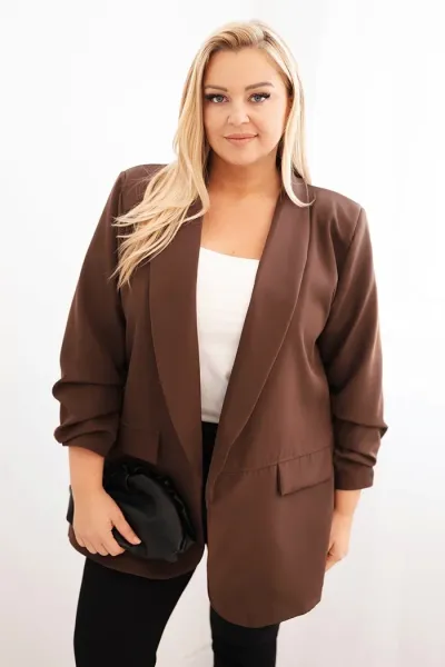 Legínovo Elegantné béžové dámske sako Plus Size Farba: Khaki, Veľkosť: UNI