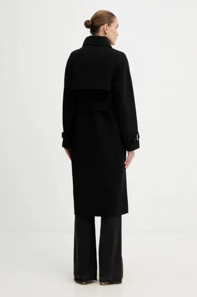 Kabát Karl Lagerfeld Belted Long Soft Wool Coat Black