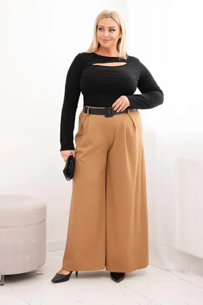 Kesi Włoski Dámske nohavice Plus Size so širokým nohavcom a pásom camelové
