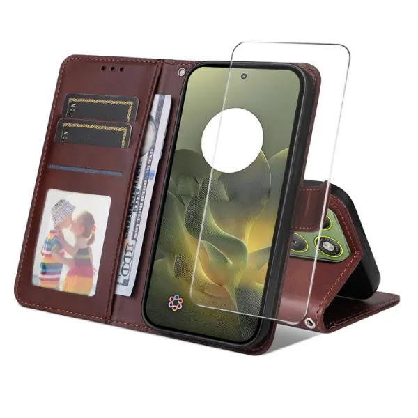 ENKAY PREMIUM SET Peňaženkové puzdro a ochranné sklo Motorola Edge 70 hnedé