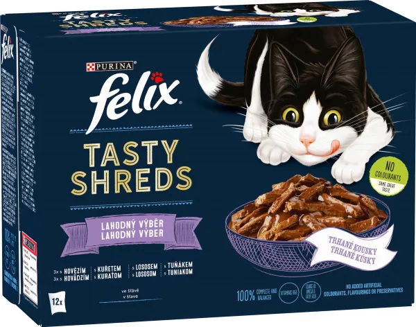 FELIX TASTY SHREDS Multipack 6(12x80g) hovädzie/kura/losos/tuniak v šťave