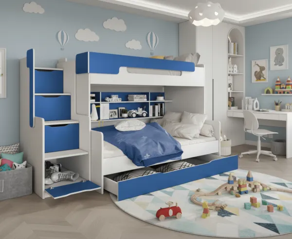 ArtBed Detská poschodová posteľ s roštom HARRY | biela/modrá 120 x 200 cm
