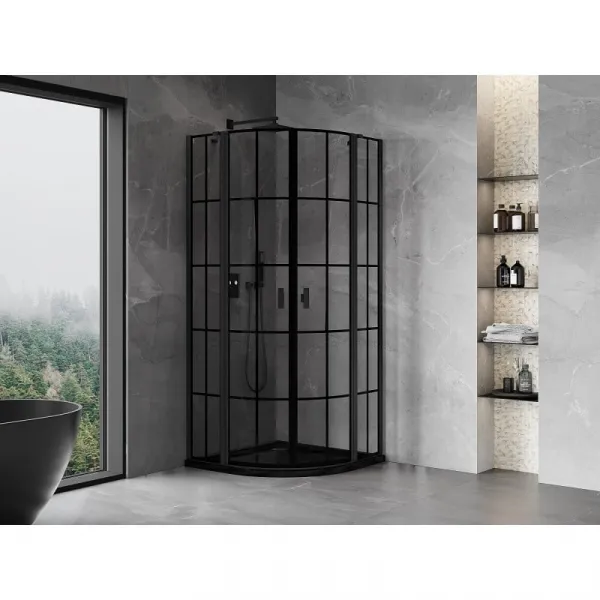 MEXEN - MIST dverná časť štvrťkruhová (2d2s) 80x80x200 cm 6mm čierna, dekor 8A32-080-080-70-77