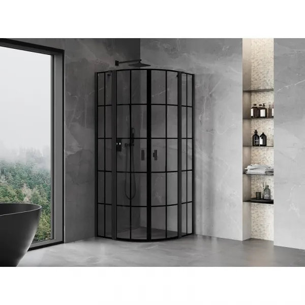 MEXEN - MIST dverná časť štvrťkruhová (2d2s) 80x80x200 cm 6mm čierna, dekor 8A32-080-080-70-77