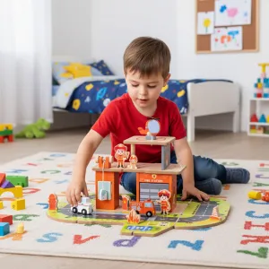 ECOTOYS Dřevěná požární stanice STATION 2v1 červená