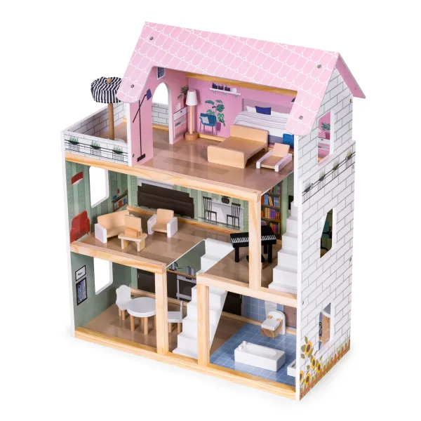 ECOTOYS Dřevěný domeček pro panenky PATIO vícebarevný