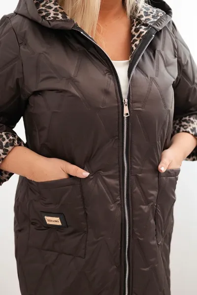Legínovo Dámska zimná prešívaná bunda Plus Size s leopardím vzorom a kapucňou hnedá Farba: Tmavoružová, Veľkosť: UNI