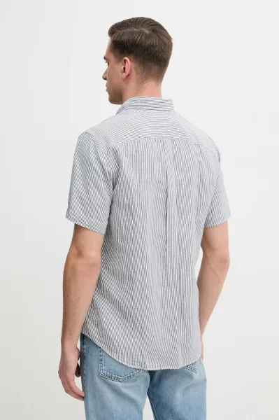 Košeľa s prímesou ľanu Tommy Hilfiger pánska, tmavomodrá farba, regular, s golierom button-down, MW0MW39155