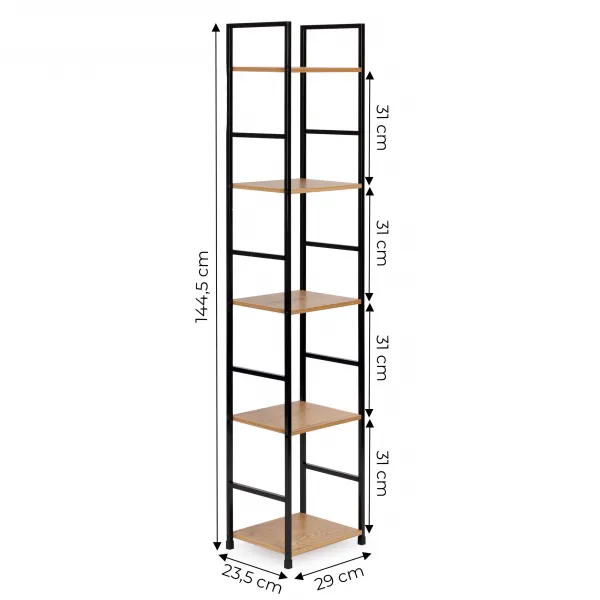 Moderná drevená knižnica, kovový rám LOFT 5 políc