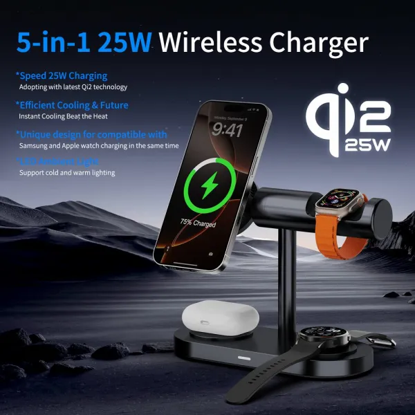 Qi2.2 MagSafe Nabíjacia stanica 5v1 s aktívnym chladením, 25 W a 360° rotáciou pre iPhone, Apple Watch, AirPods, Android, čierna