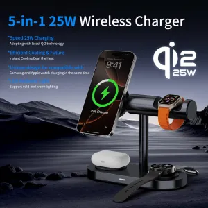 Qi2.2 MagSafe Nabíjacia stanica 5v1 s aktívnym chladením, 25 W a 360° rotáciou pre iPhone, Apple Watch, AirPods, Android, čierna