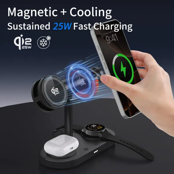Qi2.2 MagSafe Nabíjacia stanica 5v1 s aktívnym chladením, 25 W a 360° rotáciou pre iPhone, Apple Watch, AirPods, Android, čierna