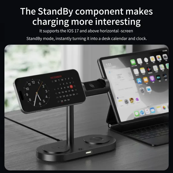 Qi2.2 MagSafe Nabíjacia stanica 5v1 s aktívnym chladením, 25 W a 360° rotáciou pre iPhone, Apple Watch, AirPods, Android, čierna