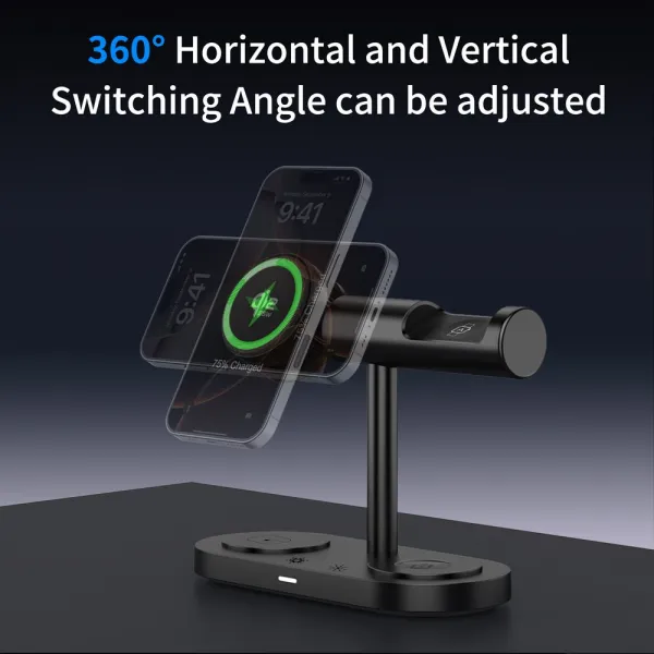 Qi2.2 MagSafe Nabíjacia stanica 5v1 s aktívnym chladením, 25 W a 360° rotáciou pre iPhone, Apple Watch, AirPods, Android, čierna