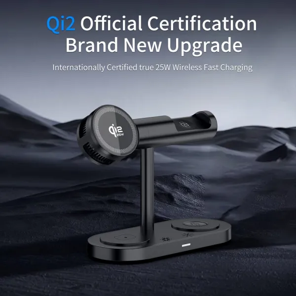 Qi2.2 MagSafe Nabíjacia stanica 5v1 s aktívnym chladením, 25 W a 360° rotáciou pre iPhone, Apple Watch, AirPods, Android, čierna