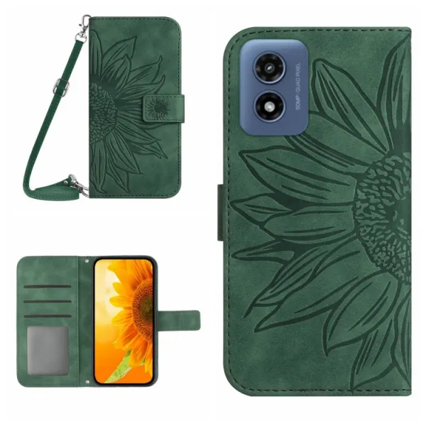 ART SUNFLOWER Peňaženkový obal so šnúrkou pre Motorola Moto E14 zelený