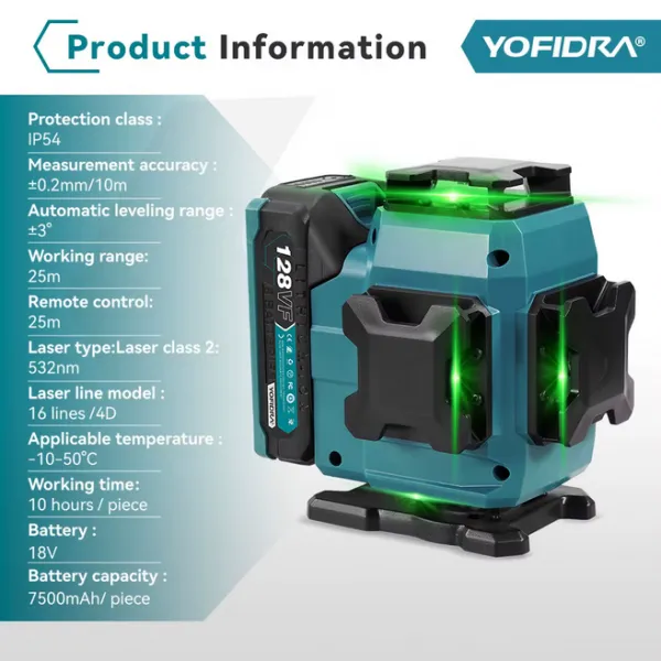 YOFIDRA 16 riadkov 4D laserová vodováha automatická 360° horizontálna vertikálna samonivelácia Ultra výkonný zelený lúč.Vhodný pre batériu MAKITA 18V Batéria: 2ks batéria