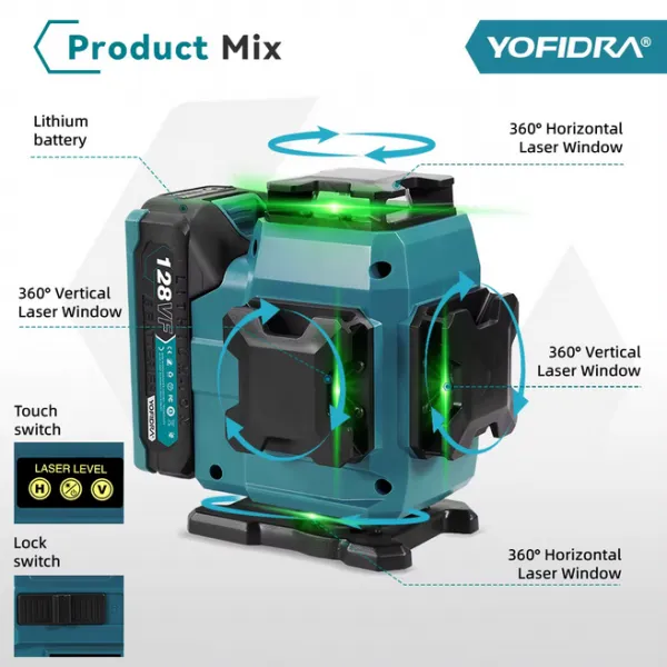 YOFIDRA 16 riadkov 4D laserová vodováha automatická 360° horizontálna vertikálna samonivelácia Ultra výkonný zelený lúč.Vhodný pre batériu MAKITA 18V Batéria: 2ks batéria