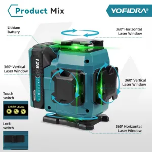 YOFIDRA 16 riadkov 4D laserová vodováha automatická 360° horizontálna vertikálna samonivelácia Ultra výkonný zelený lúč.Vhodný pre batériu MAKITA 18V Batéria: 2ks batéria