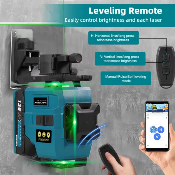 YOFIDRA 16 riadkov 4D laserová vodováha automatická 360° horizontálna vertikálna samonivelácia Ultra výkonný zelený lúč.Vhodný pre batériu MAKITA 18V Batéria: 2ks batéria