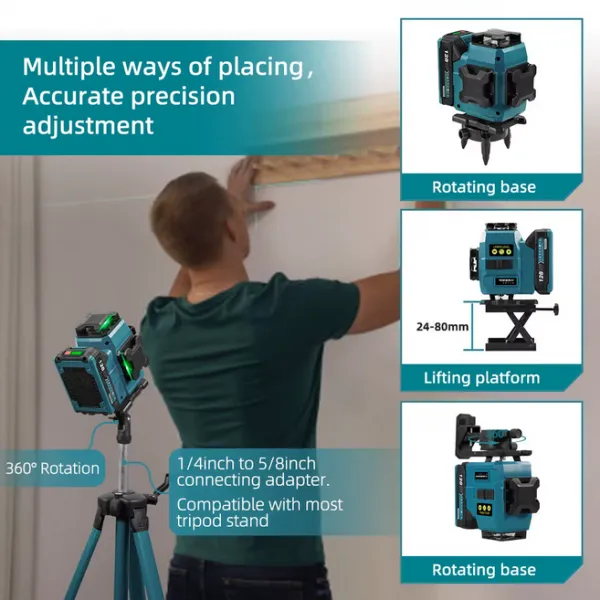 YOFIDRA 16 riadkov 4D laserová vodováha automatická 360° horizontálna vertikálna samonivelácia Ultra výkonný zelený lúč.Vhodný pre batériu MAKITA 18V Batéria: 2ks batéria