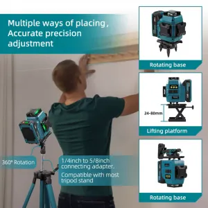 YOFIDRA 16 riadkov 4D laserová vodováha automatická 360° horizontálna vertikálna samonivelácia Ultra výkonný zelený lúč.Vhodný pre batériu MAKITA 18V Batéria: 2ks batéria