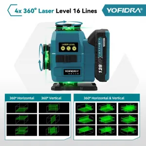 YOFIDRA 16 riadkov 4D laserová vodováha automatická 360° horizontálna vertikálna samonivelácia Ultra výkonný zelený lúč.Vhodný pre batériu MAKITA 18V Batéria: 2ks batéria