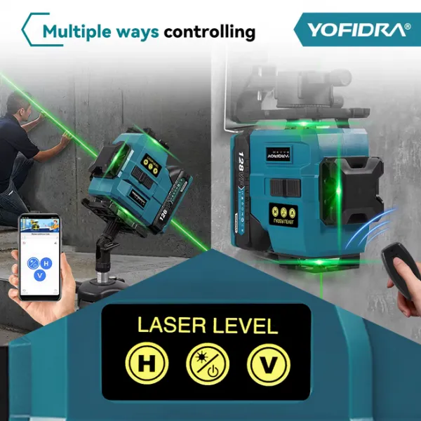 YOFIDRA 16 riadkov 4D laserová vodováha automatická 360° horizontálna vertikálna samonivelácia Ultra výkonný zelený lúč.Vhodný pre batériu MAKITA 18V Batéria: 2ks batéria