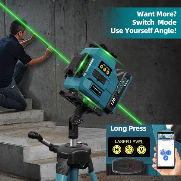 YOFIDRA 16 riadkov 4D laserová vodováha automatická 360° horizontálna vertikálna samonivelácia Ultra výkonný zelený lúč.Vhodný pre batériu MAKITA 18V Batéria: 2ks batéria