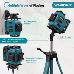 YOFIDRA 16 riadkov 4D laserová vodováha automatická 360° horizontálna vertikálna samonivelácia Ultra výkonný zelený lúč.Vhodný pre batériu MAKITA 18V Batéria: 2ks batéria