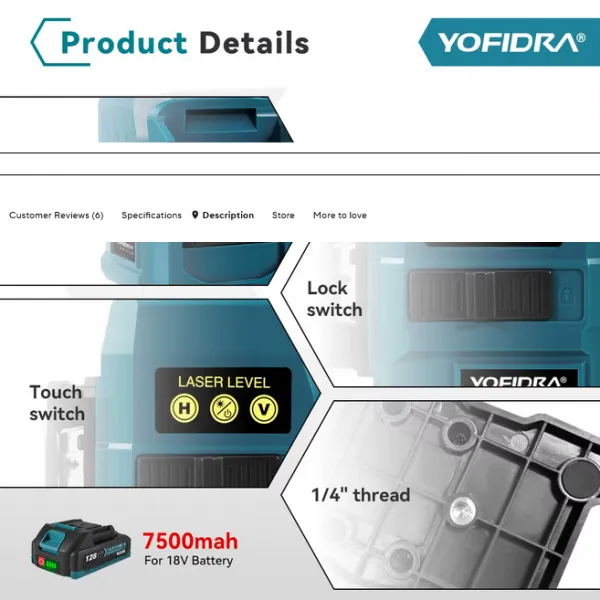 YOFIDRA 16 riadkov 4D laserová vodováha automatická 360° horizontálna vertikálna samonivelácia Ultra výkonný zelený lúč.Vhodný pre batériu MAKITA 18V Batéria: 2ks batéria