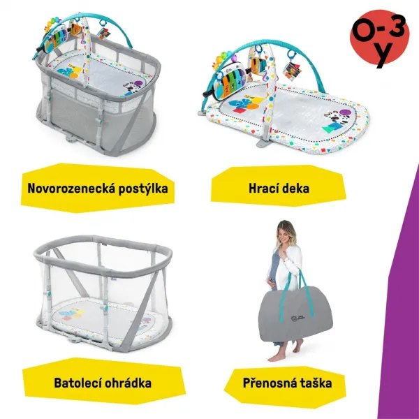 BABY EINSTEIN Postieľka s ohrádkou na hranie a klavírom 3v1 Kick & Snooze™ 0m+
