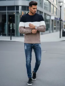 Originálny pánsky sveter -tmavomodrý, biely, béžový