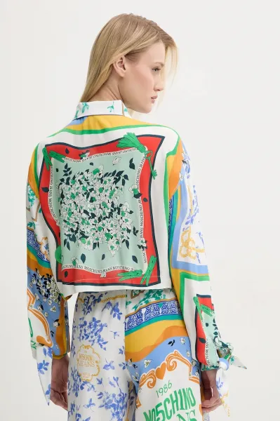 Košeľa Moschino Jeans dámska, biela farba, voľný strih, s klasickým golierom, 0217 3735