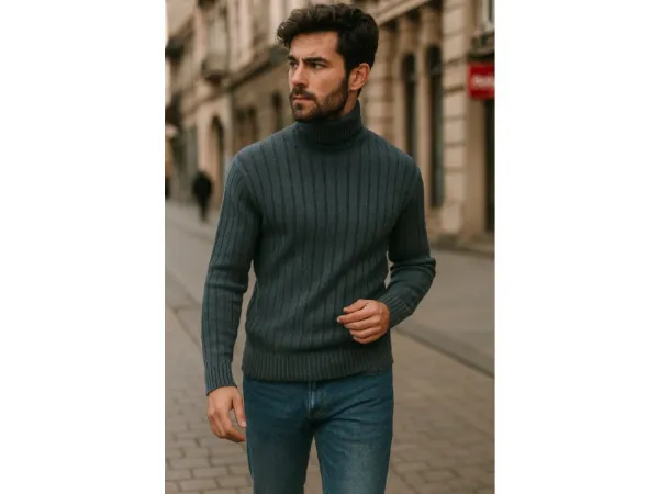 Factory Pánsky rebrovaný rolák – hrejivý pulóver so stojačikom Farba: Jeansová, Veľkosť: 3XL