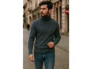 Factory Pánsky rebrovaný rolák – hrejivý pulóver so stojačikom Farba: Jeansová, Veľkosť: 3XL