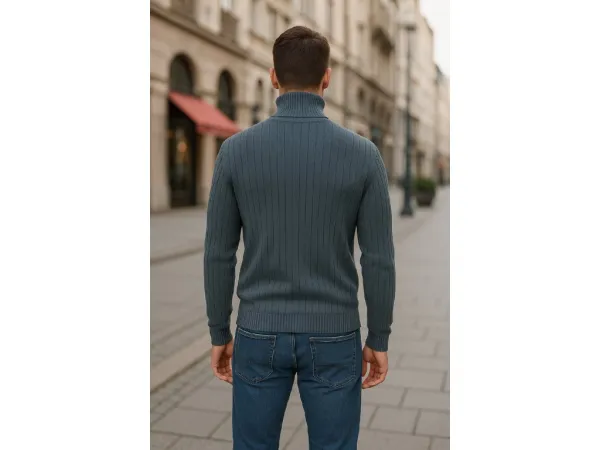 Factory Pánsky rebrovaný rolák – hrejivý pulóver so stojačikom Farba: Jeansová, Veľkosť: 3XL