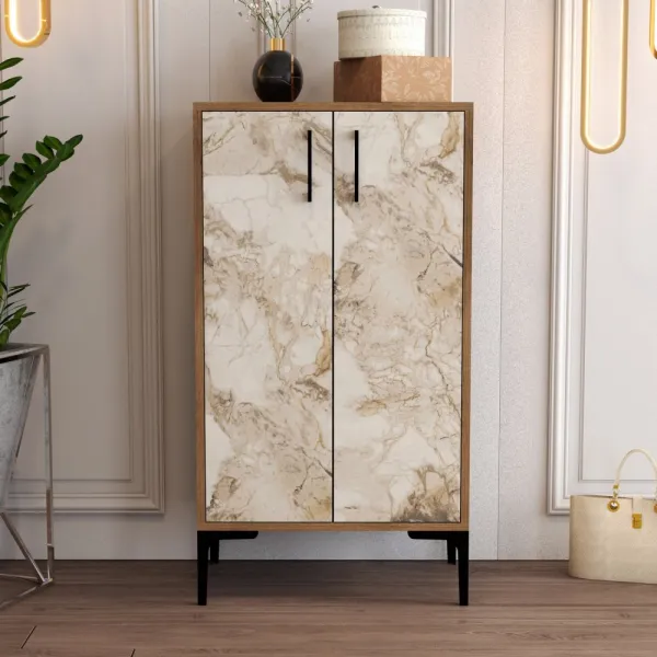 Skrinka na topánky / Botník Prag - Walnut, White Marble