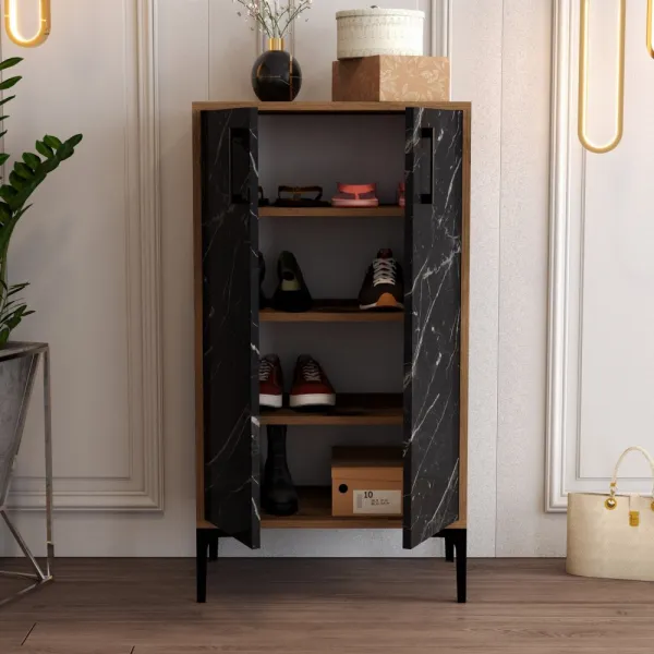 Skrinka na topánky / Botník Prag - Walnut, Black Marble